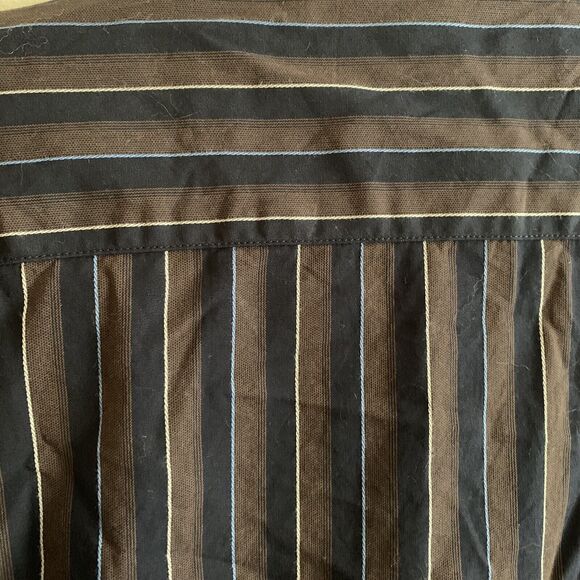 XXL St Bernard for Dunnes Dress Shirt Brown Striped Blue Button Ribbon Trim EUC - Picture 8 of 10